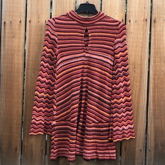 Free People knit red orange zig zag boho dress M - Picture 3 of 7